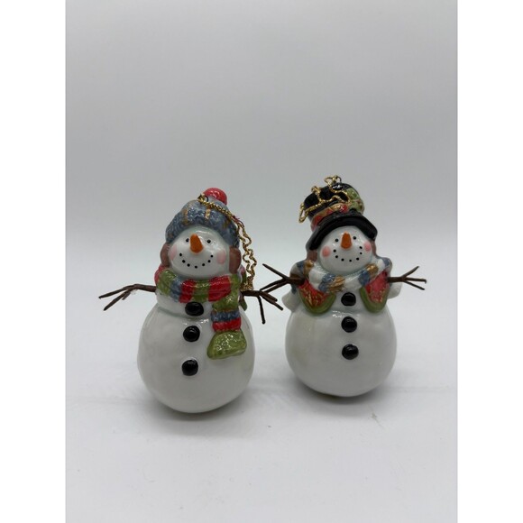 Set of 2 Ceramic Snowman Ornaments 4" Hanging Christmas Decor - Picture 1 of 4